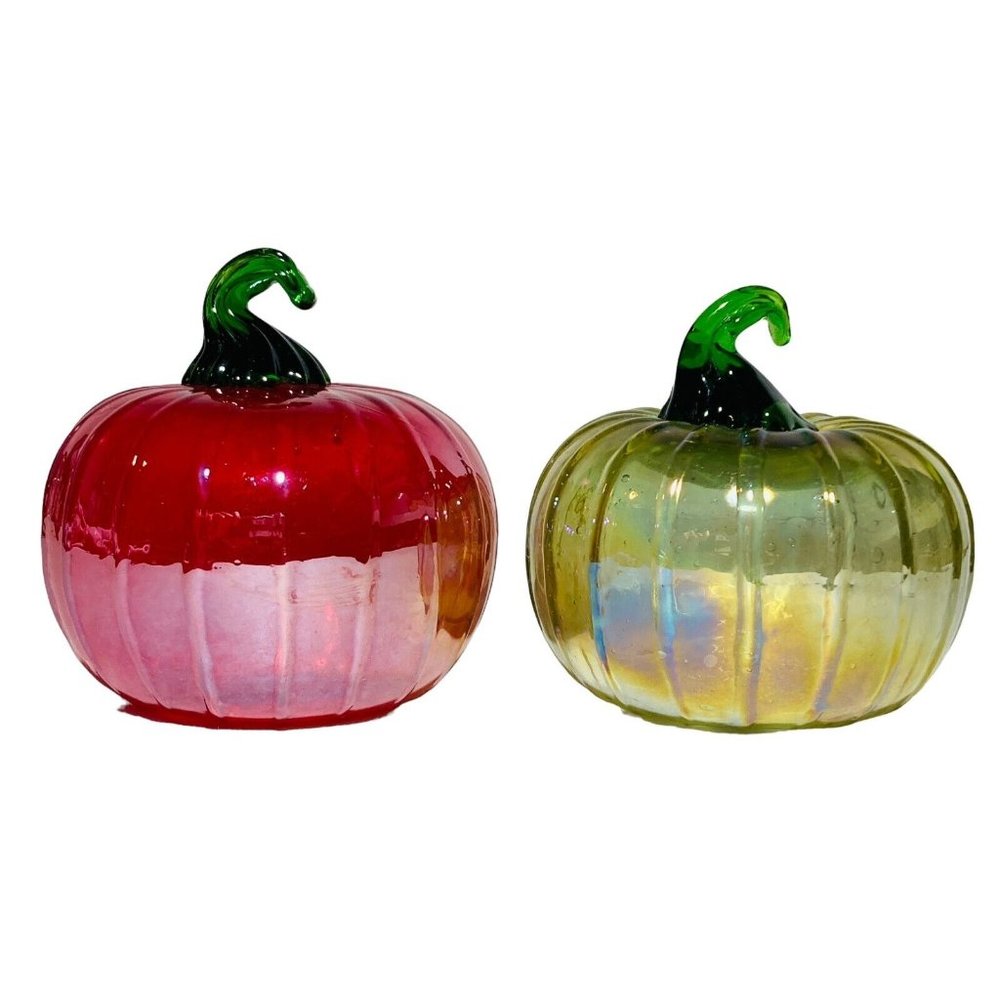 Pumpkins Colorized Glass Red Green 3" Fall Autumn Halloween Home Decorative